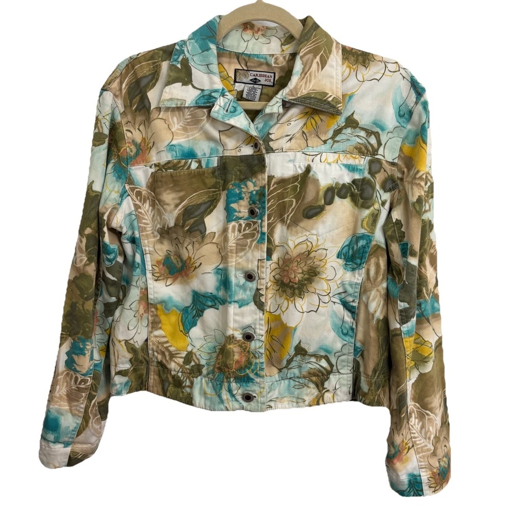 Caribbean Joe Womens Denim Jacket Lightweight Floral Small Medium Coastal Spring